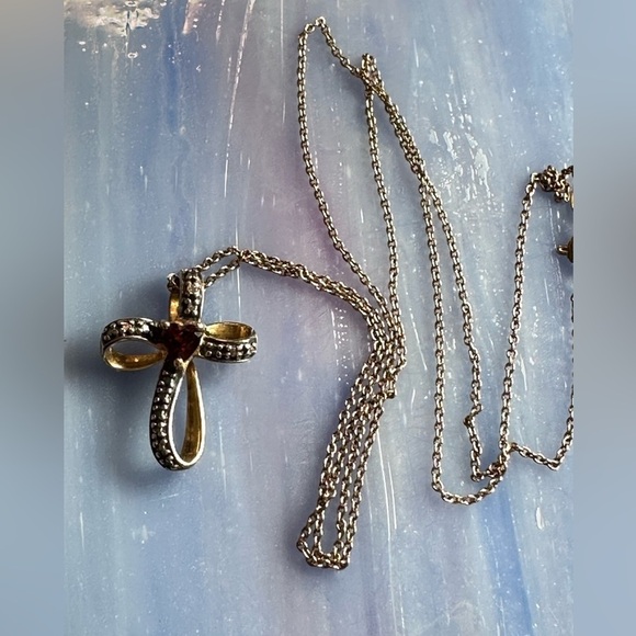 CROSS PENDANT NECKLACE GEMSTONE AND MARCASITE GOLD OVER STERLING PETITE 5509 L - Picture 6 of 12